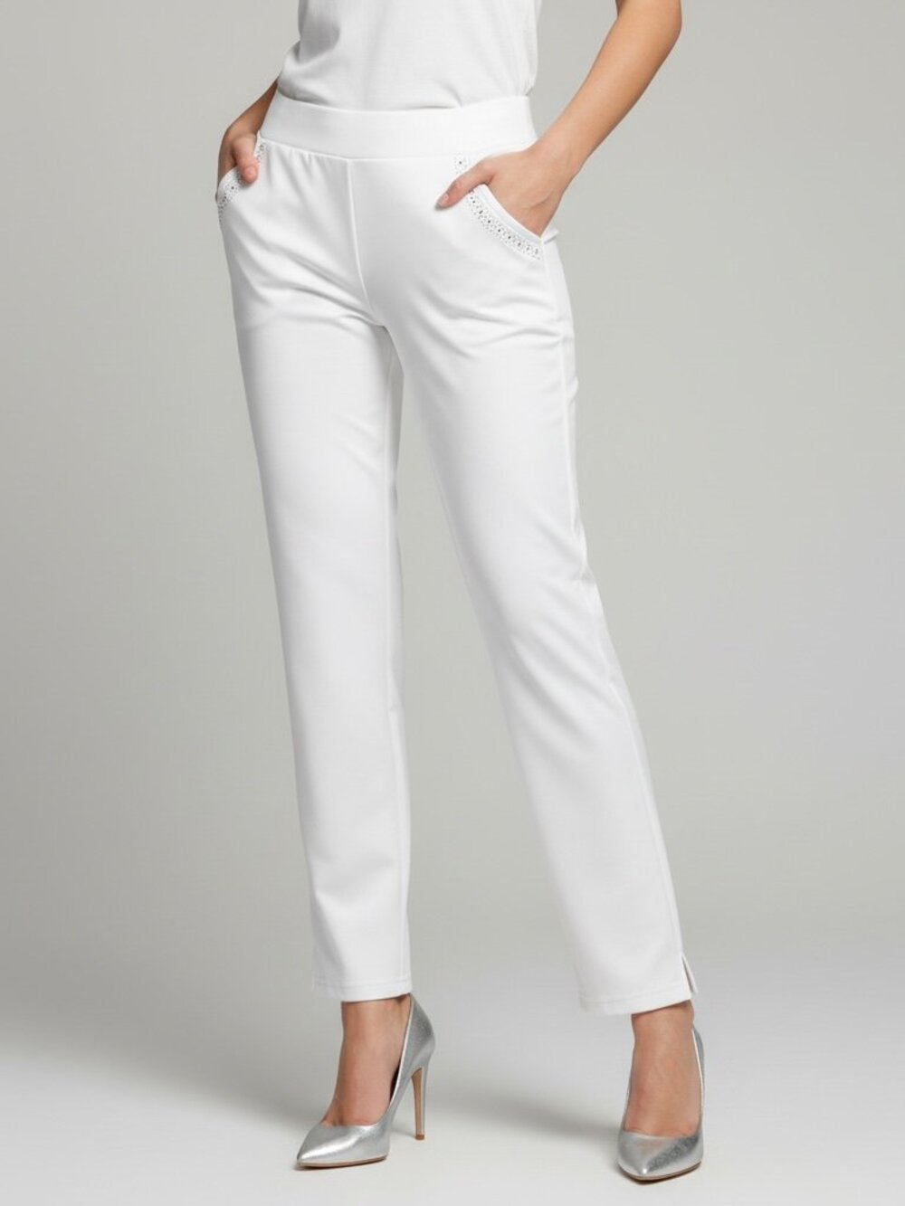 Fair Lady White Pull-On Pants 8P Stretch Chic Rhinestone Pocket Detail